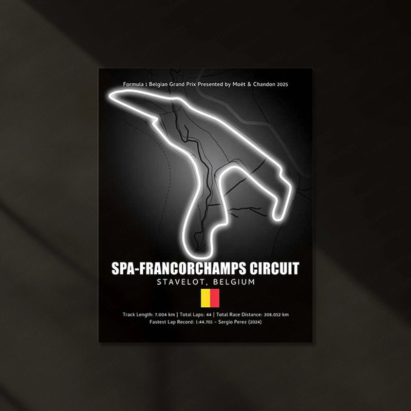 LED | Spa-Francorchamps Circuit Neon LED Metal Poster – Legendary Belgium F1 Track Wall Art