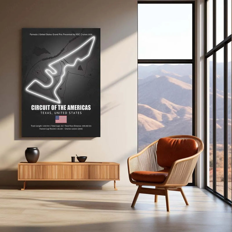 LED | Circuit of the Americas Neon LED Metal Poster – Glowing USA F1 Track Wall Art (COTA)