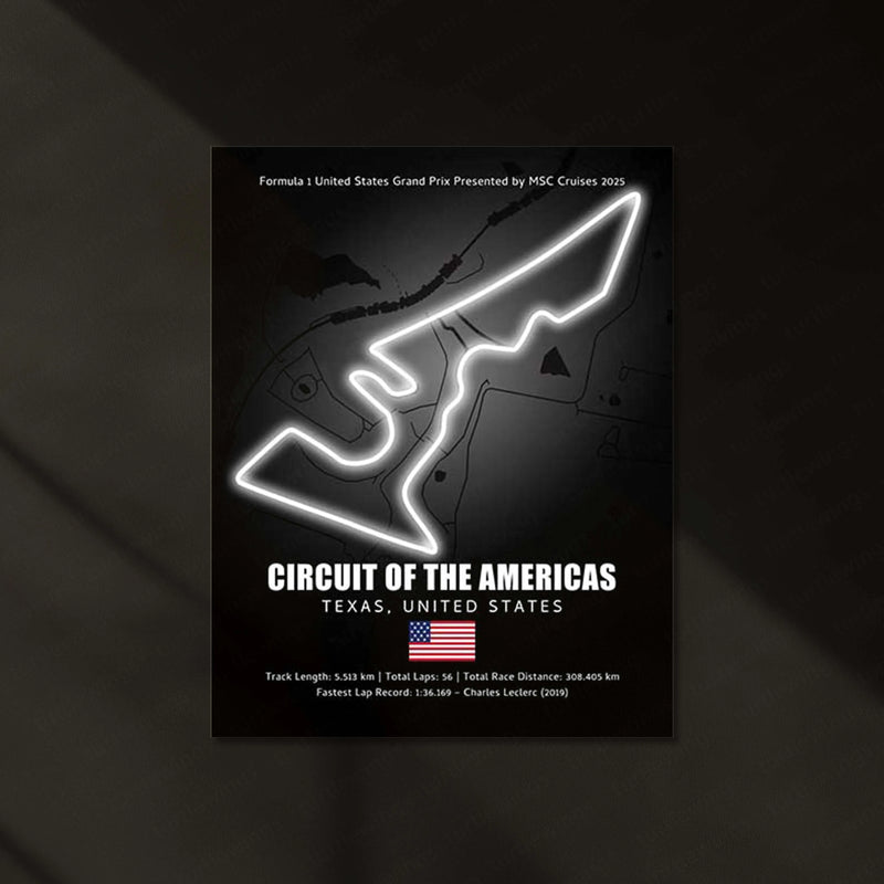 LED | Circuit of the Americas Neon LED Metal Poster – Glowing USA F1 Track Wall Art (COTA)