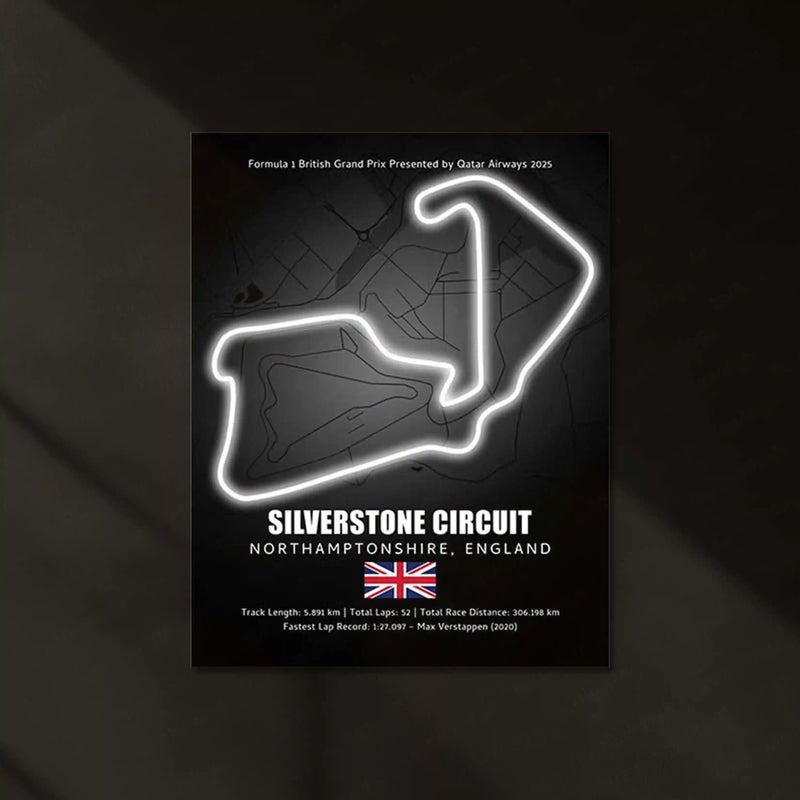 LED | Silverstone Circuit Neon LED Metal Poster – Glowing Home of British F1 Wall Art