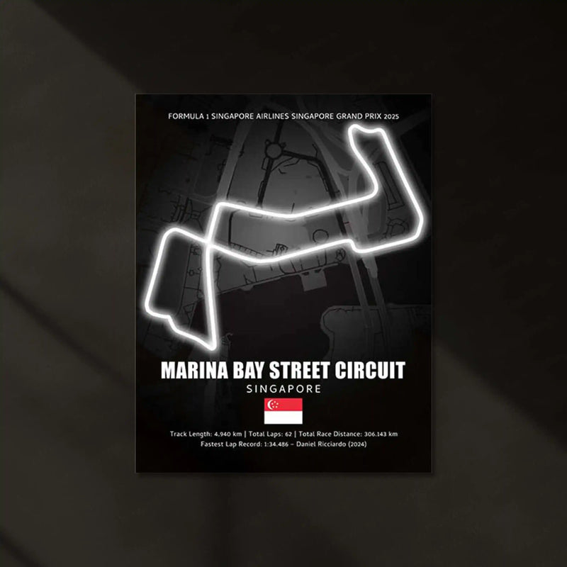 LED | Marina Bay Street Circuit Neon LED Metal Poster – Singapore Night Race Glowing Wall Art