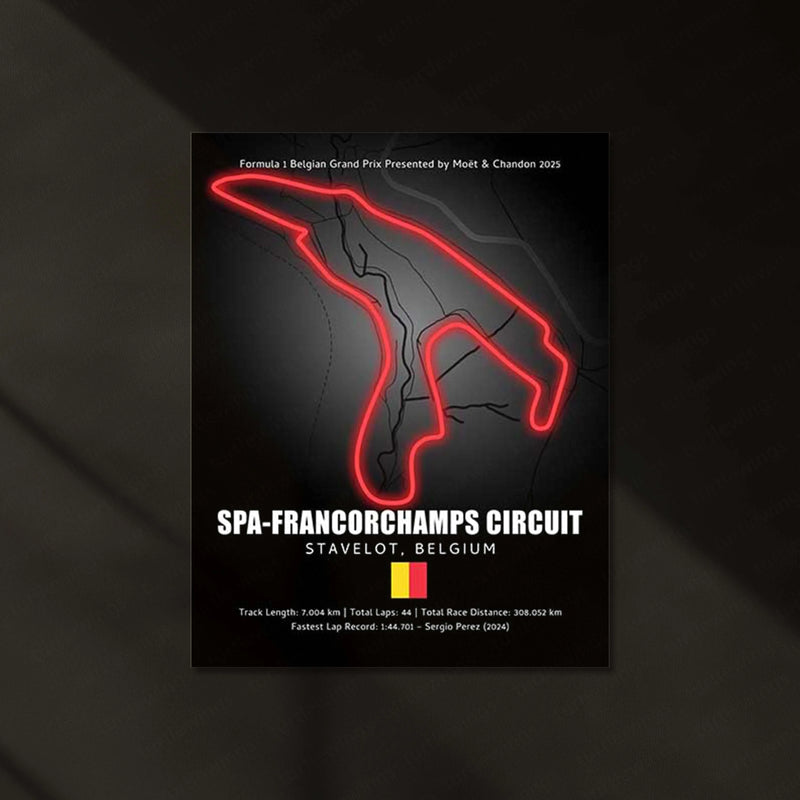 LED | Spa-Francorchamps Circuit Neon LED Metal Poster – Legendary Belgium F1 Track Wall Art