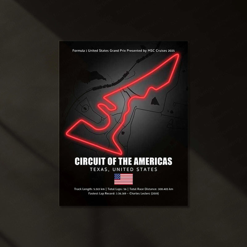 LED | Circuit of the Americas Neon LED Metal Poster – Glowing USA F1 Track Wall Art (COTA)