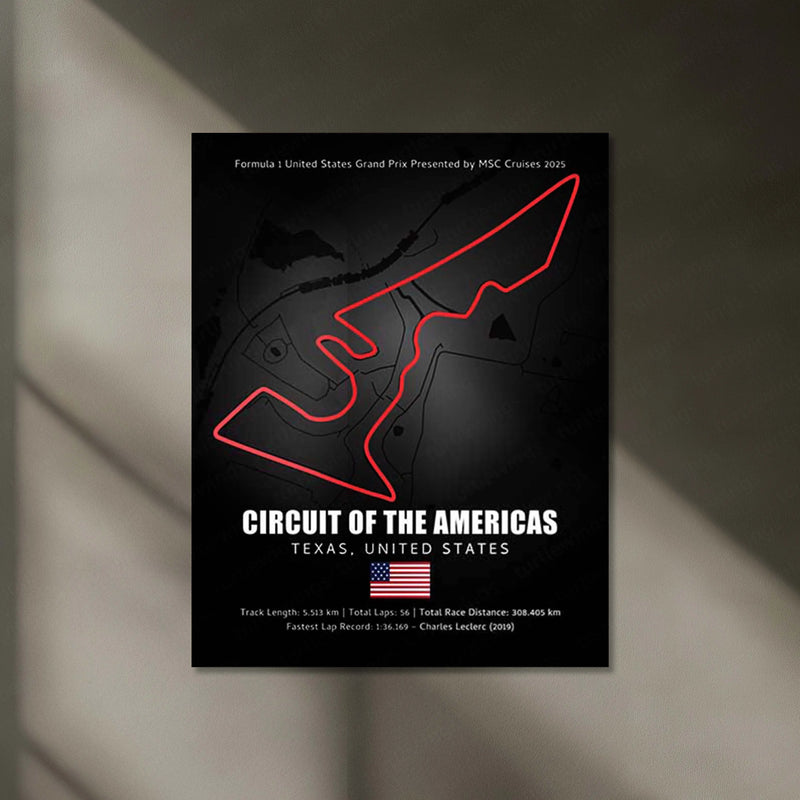 LED | Circuit of the Americas Neon LED Metal Poster – Glowing USA F1 Track Wall Art (COTA)