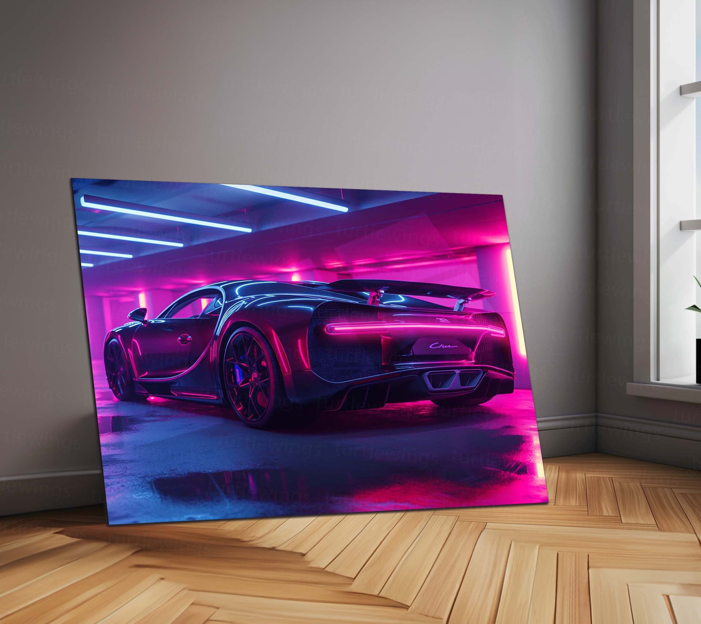 LED | Bugatti Chiron Rear Neon Parking Garage – LED Glow Poster | Luxury Car Metal Wall Art with Tail Light Effect