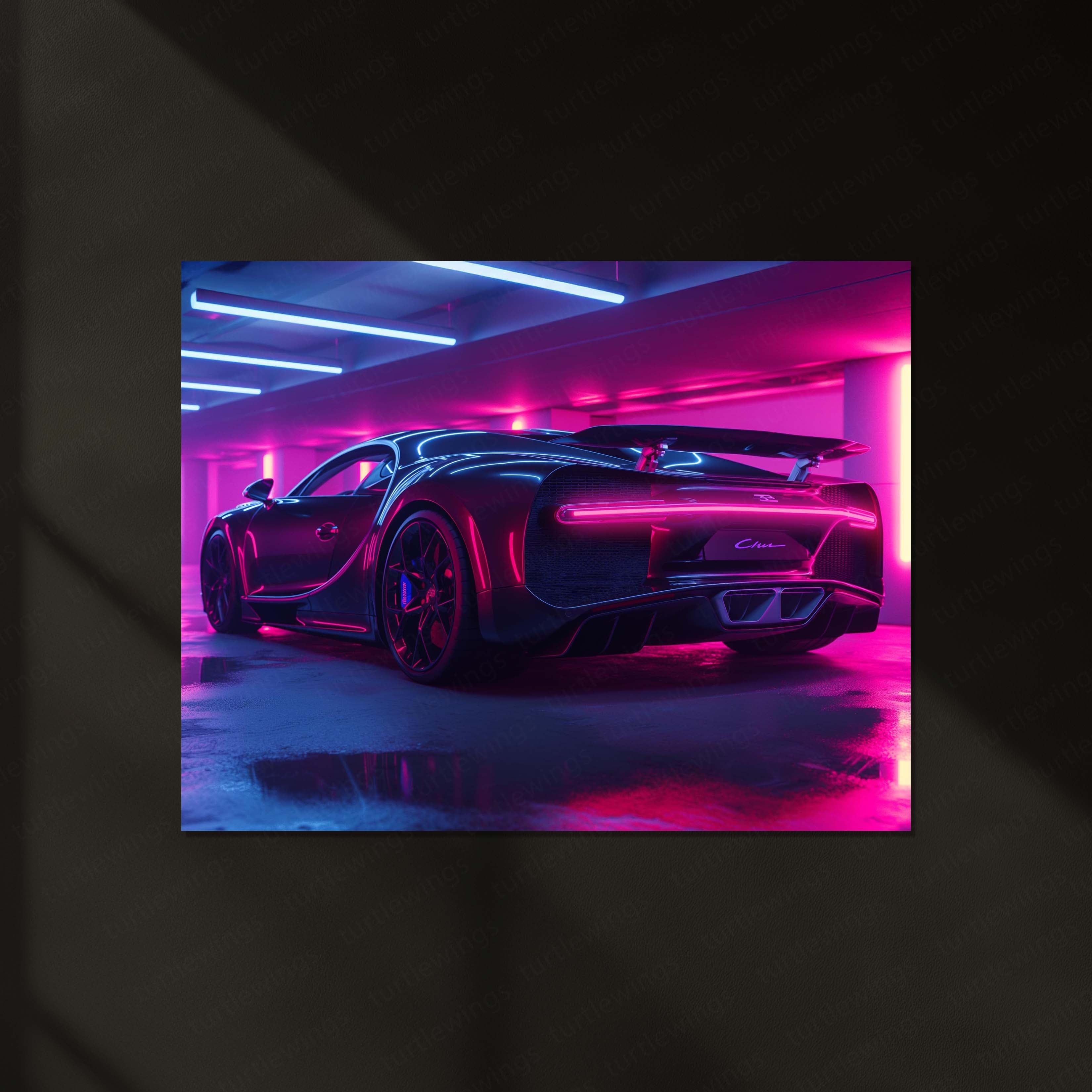 LED | Bugatti Chiron Rear Neon Parking Garage – LED Glow Poster | Luxury Car Metal Wall Art with Tail Light Effect