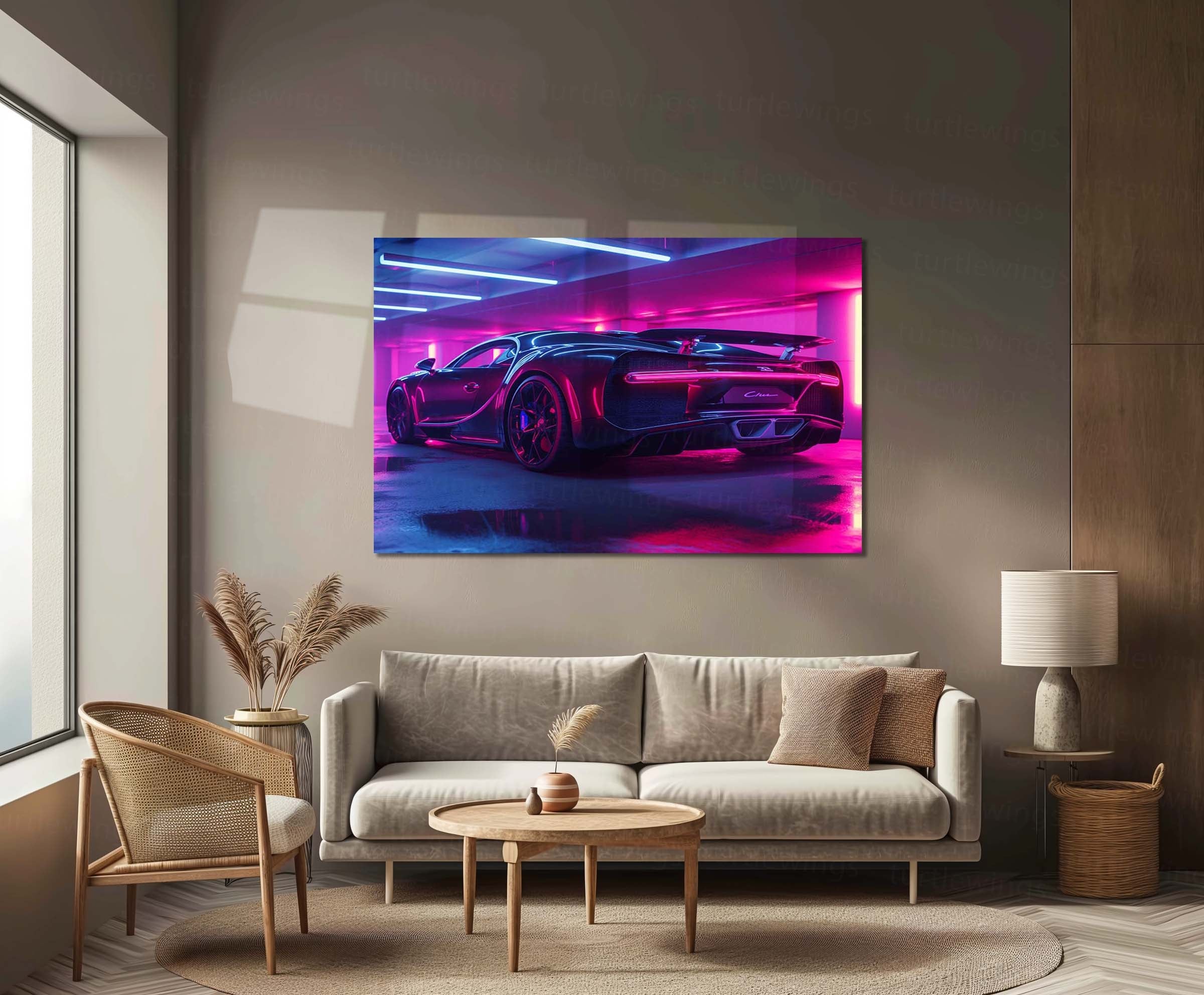 LED | Bugatti Chiron Rear Neon Parking Garage – LED Glow Poster | Luxury Car Metal Wall Art with Tail Light Effect