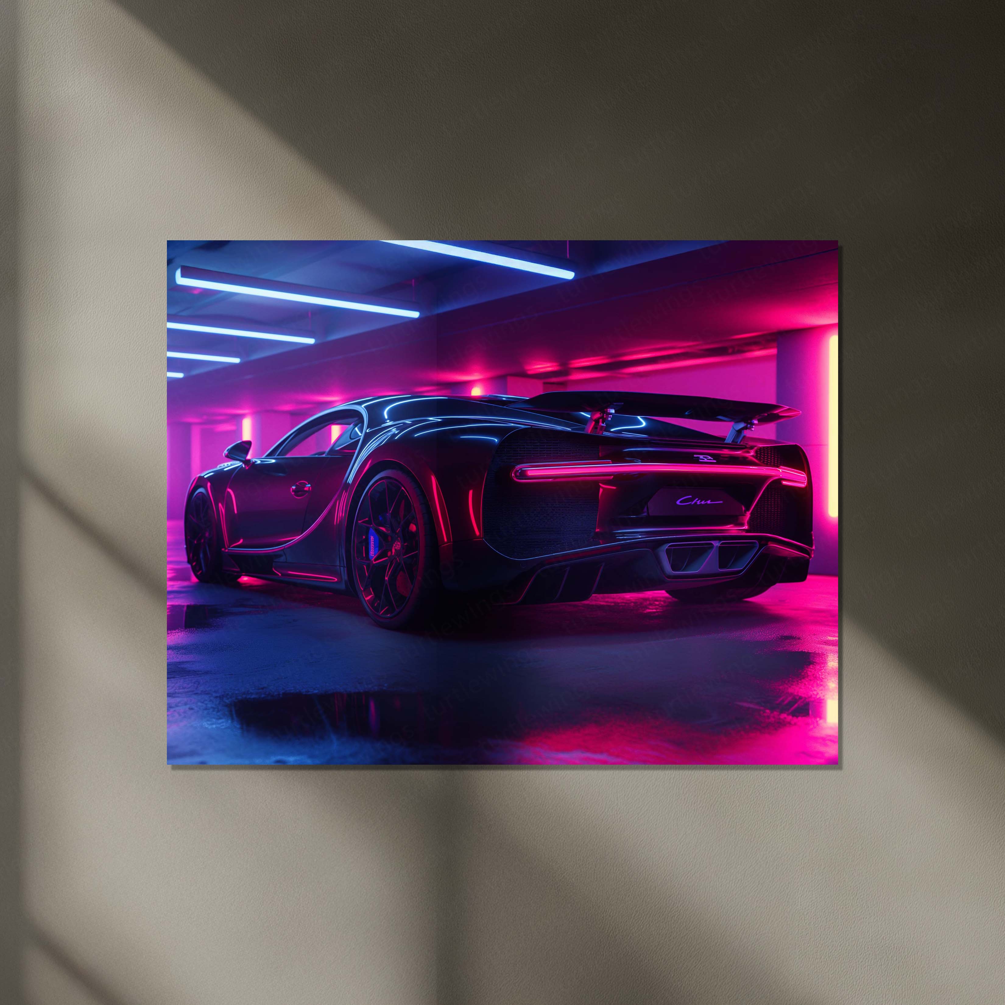 LED | Bugatti Chiron Rear Neon Parking Garage – LED Glow Poster | Luxury Car Metal Wall Art with Tail Light Effect