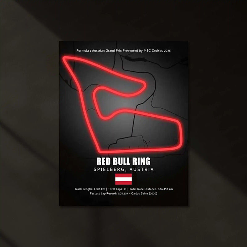 LED | Red Bull Ring Neon LED Metal Poster – Glowing Austria F1 Circuit Wall Art