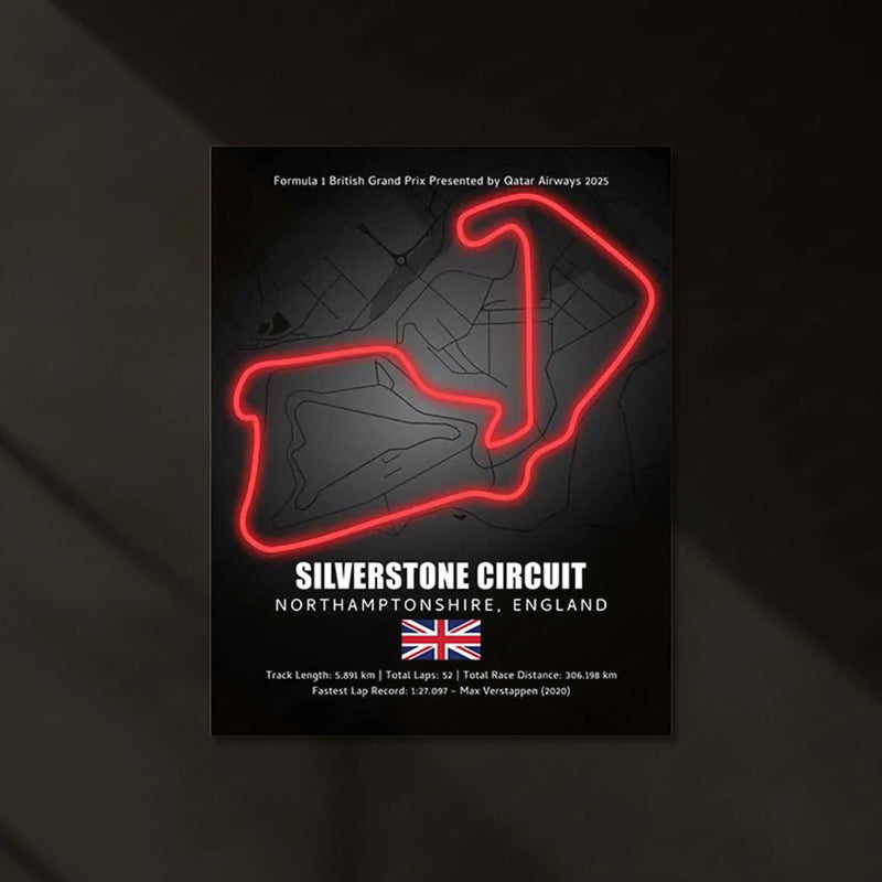 LED | Silverstone Circuit Neon LED Metal Poster – Glowing Home of British F1 Wall Art