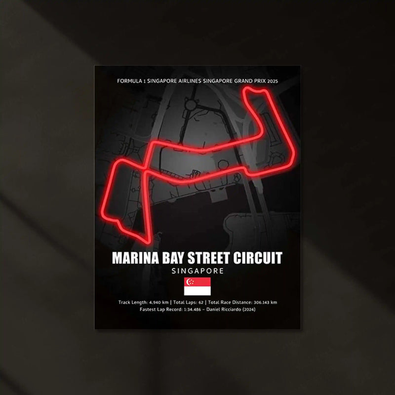 LED | Marina Bay Street Circuit Neon LED Metal Poster – Singapore Night Race Glowing Wall Art