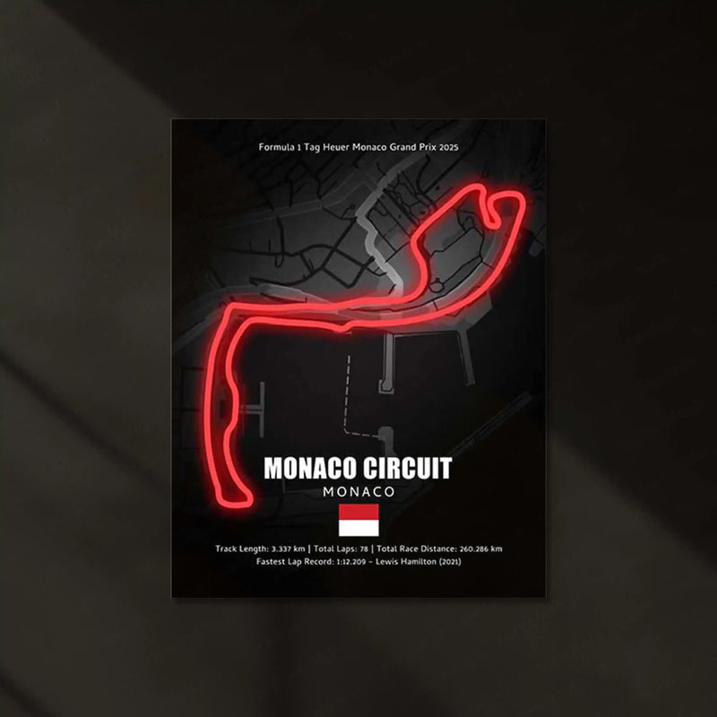 LED | Monaco Grand Prix Track Neon LED Metal Poster – Glowing Circuit Wall Art