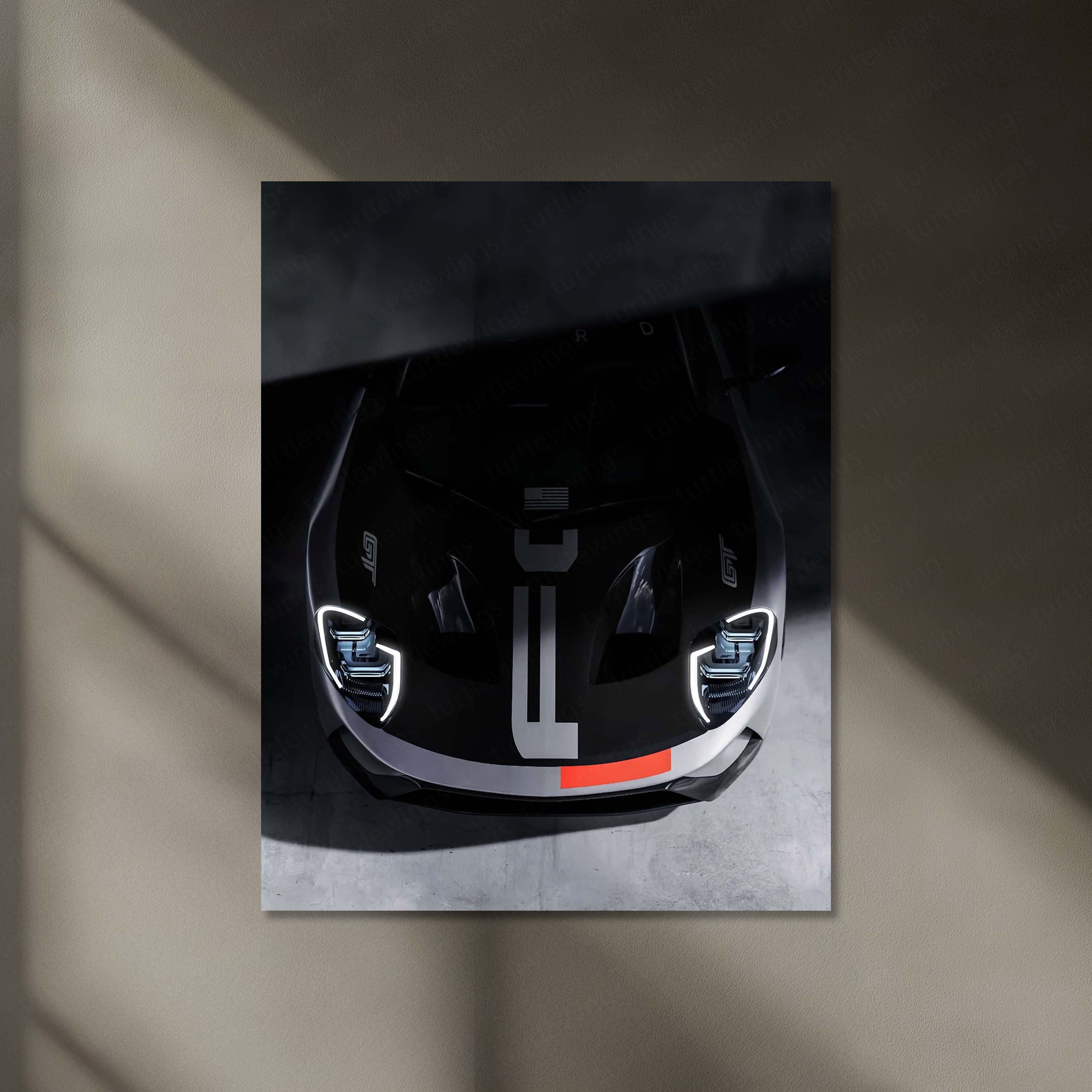 LED | Ford GT Front Shot – LED Car Poster in Dark Aesthetic | Glowing Metal Wall Art for Supercar Lovers