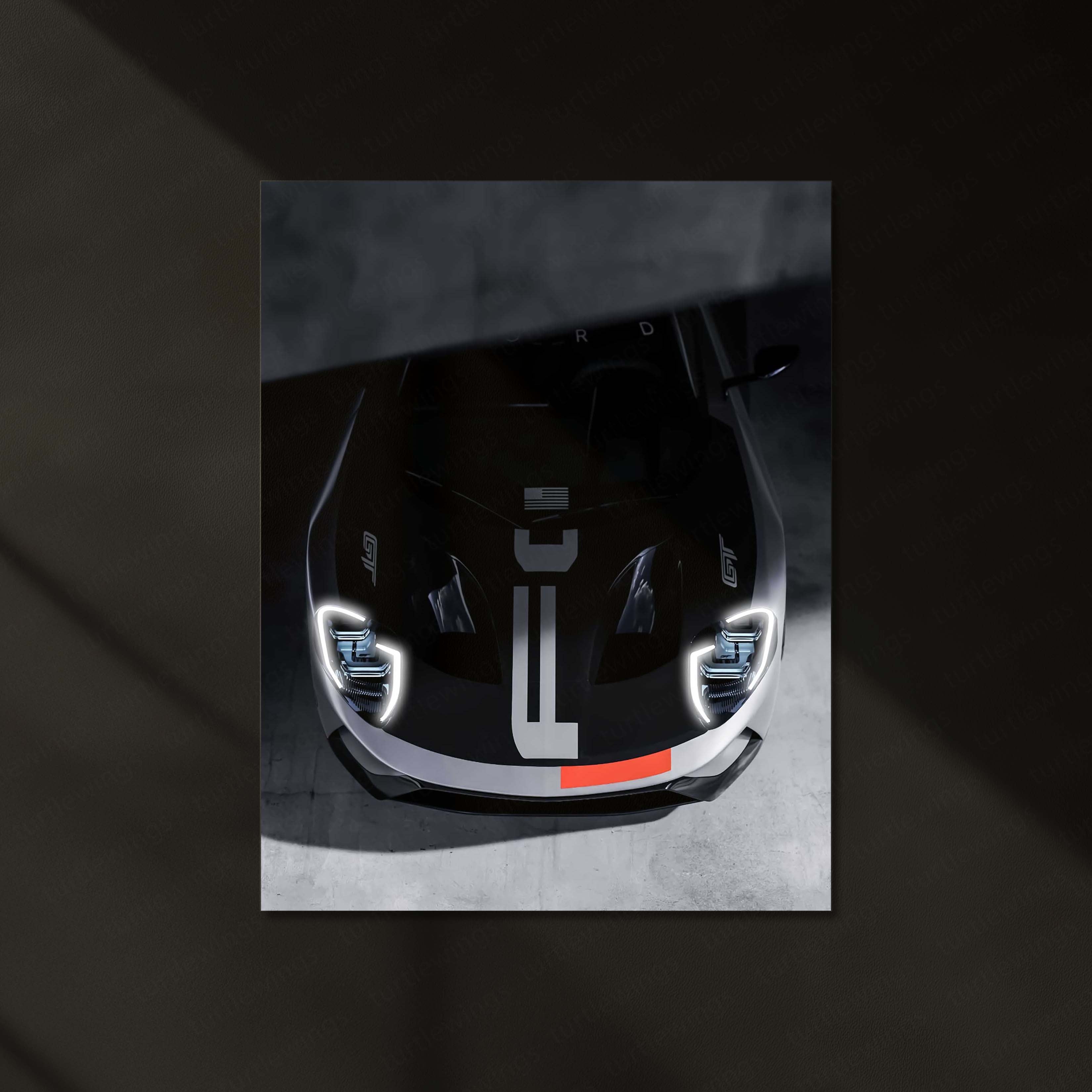 LED | Ford GT Front Shot – LED Car Poster in Dark Aesthetic | Glowing Metal Wall Art for Supercar Lovers